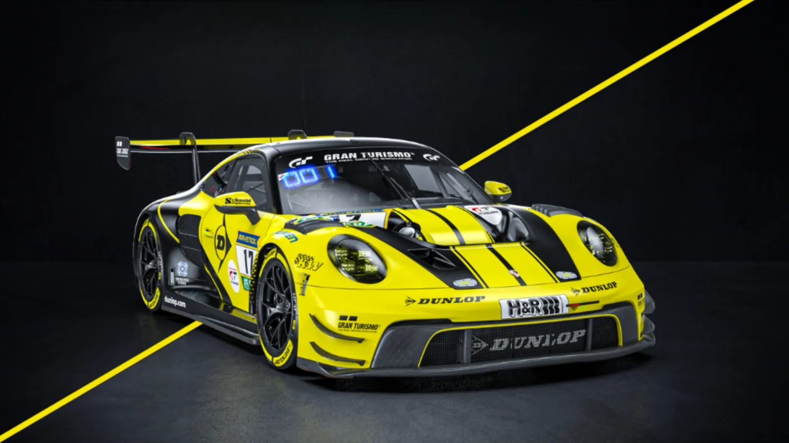 Dunlop Motorsport Porsche 911 GT3 R in yellow and black Gran Turismo livery racing