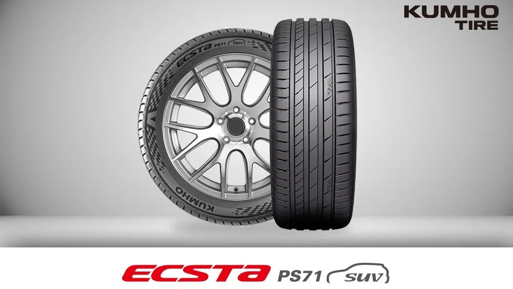 A Kumho Ecsta PS71 SUV tyre featuring its asymmetrical tread pattern designed for high-powered electric SUVs like the Škoda Enyaq.
