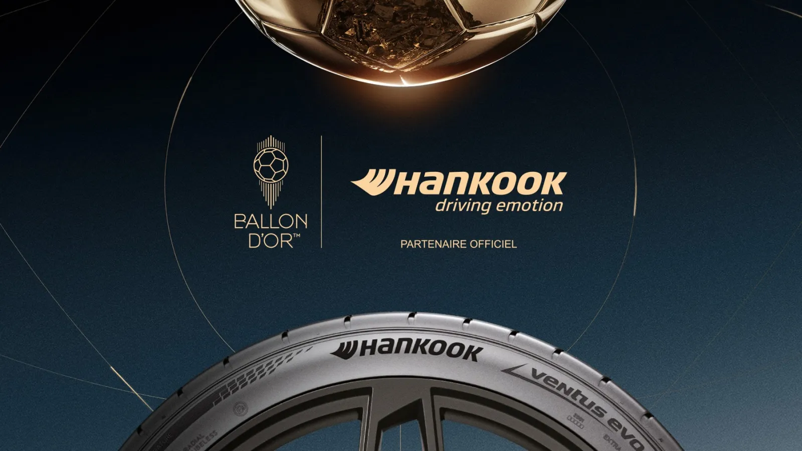 Official Ballon d’Or and Hankook "driving emotion" logos set against a dark blue background with a golden trophy ball and a Hankook Ventus evo tyre wheel.